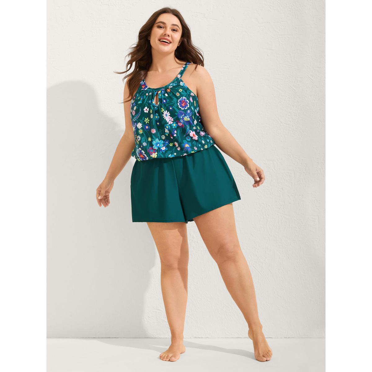 Plus Size Floral Print Keyhole Pockets Swim Romper Women's Swimwear Cyan Beach Curve Bathing Suits High stretch One Pieces BloomChic 12/L Product Image