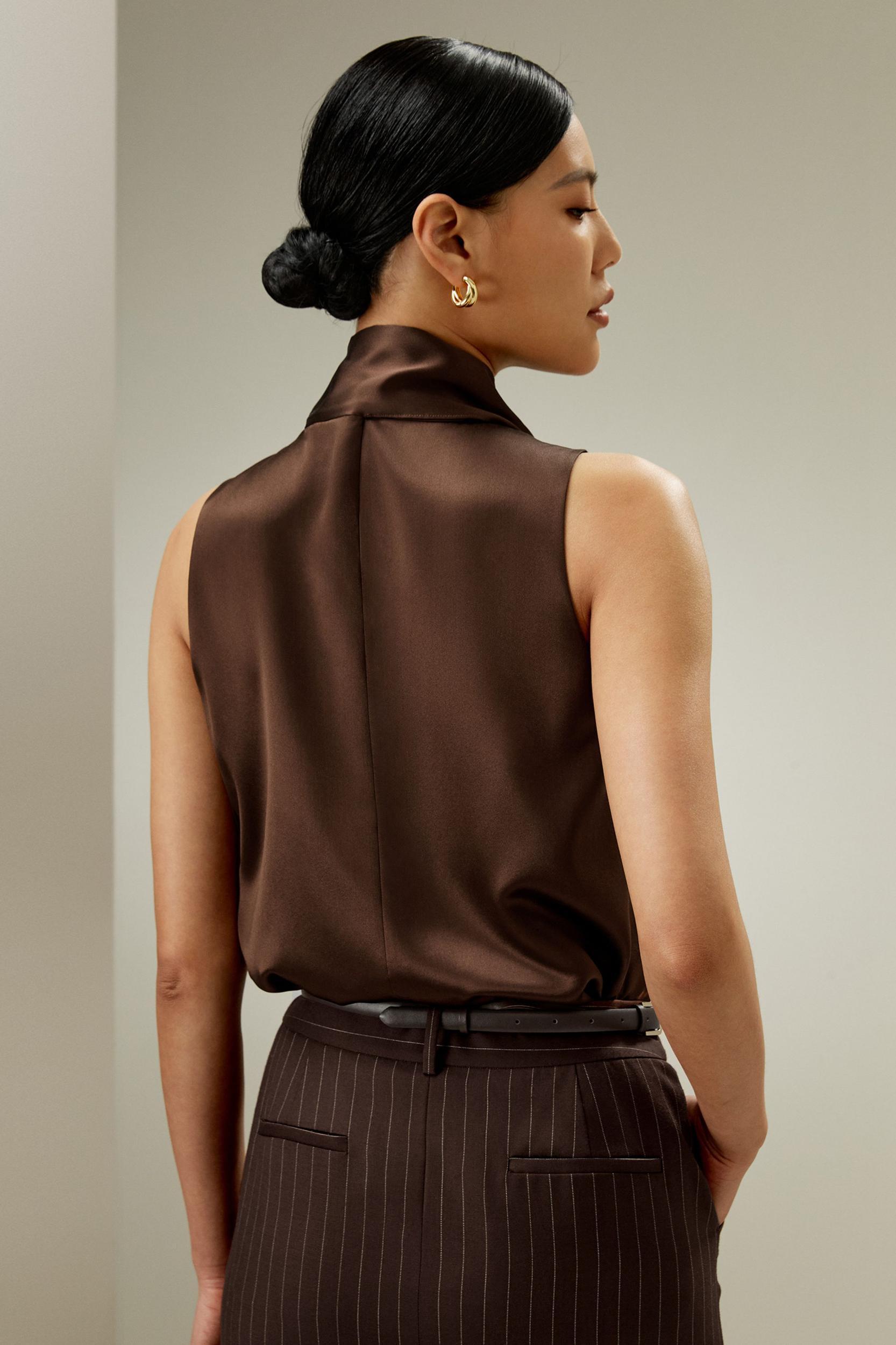 Sleeveless Tie-Neck Silk Blouse Product Image