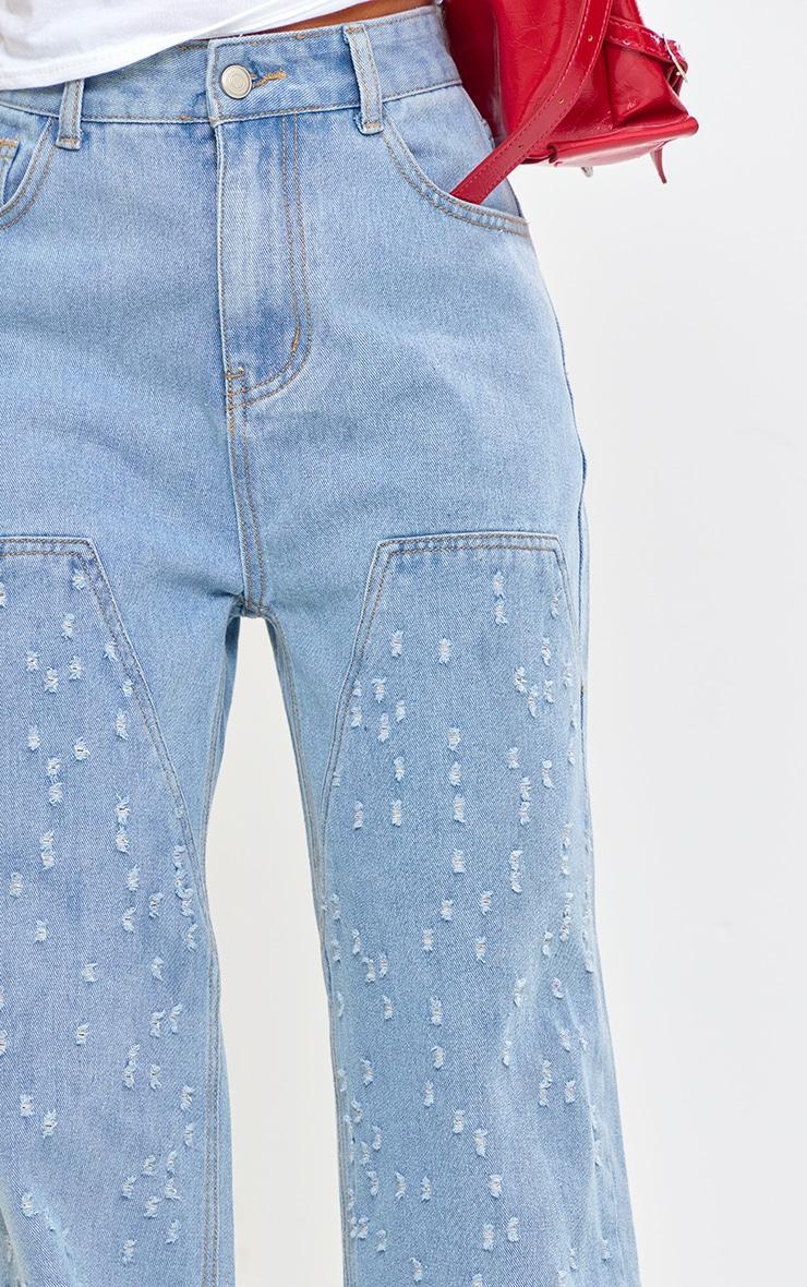 Light Blue Distressed Western Seam Detail Straight Leg Denim Jeans Product Image