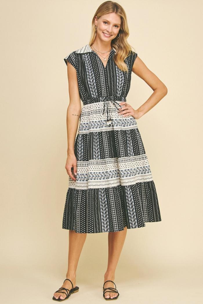 Mara Print Contrast Tiered Midi Dress Product Image