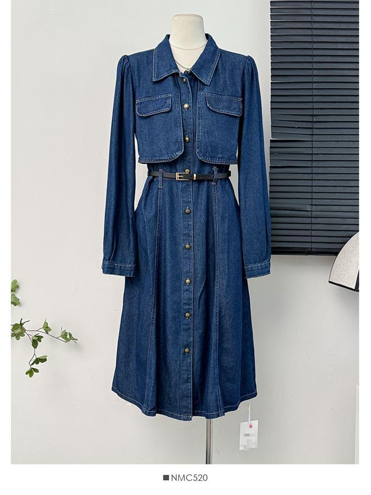 Puff-Sleeve Mock Two-Piece Denim Midi Shirtdress With Belt Product Image