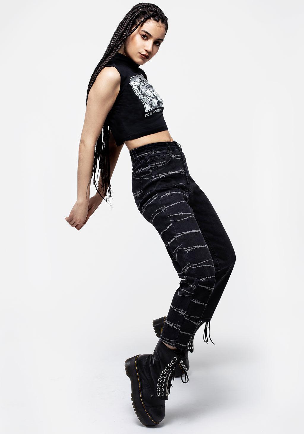Barbed Wire Spliced Mom Jeans Product Image