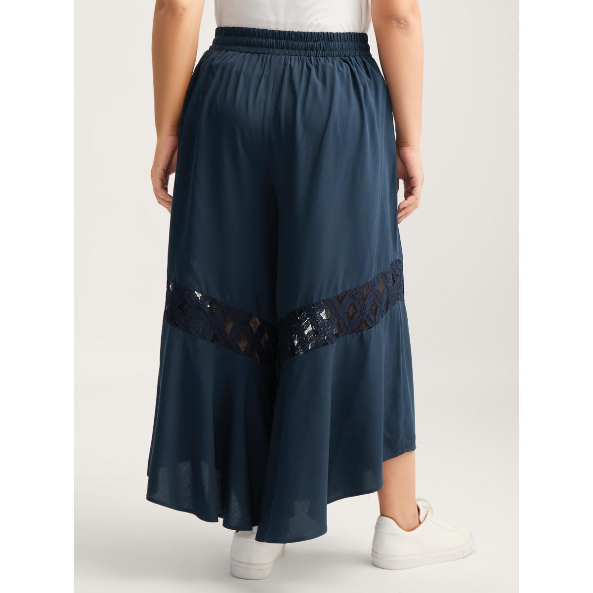 Plus Size Sheer Lace Trim Flared Drawstring Pants Women Indigo Casual Wide Leg Mid Rise Everyday-Casual Pants BloomChic 12/L Product Image