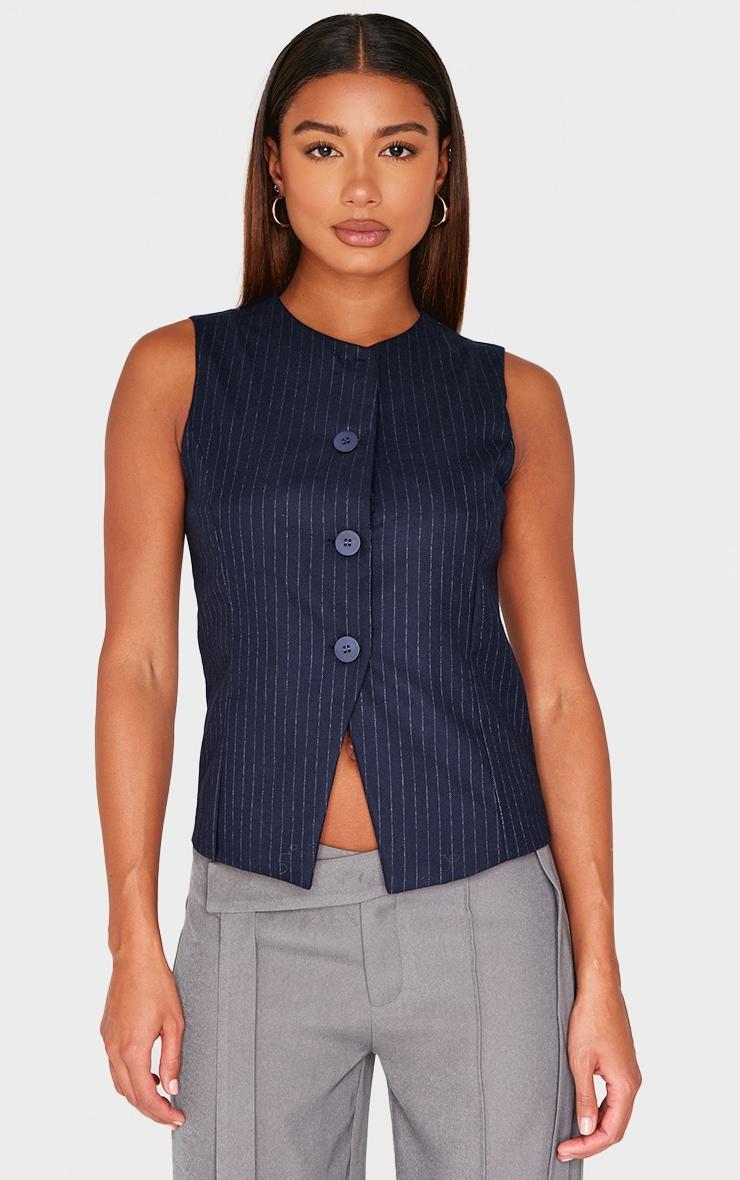 Navy Pinstripe Longline Button Up Vest Product Image