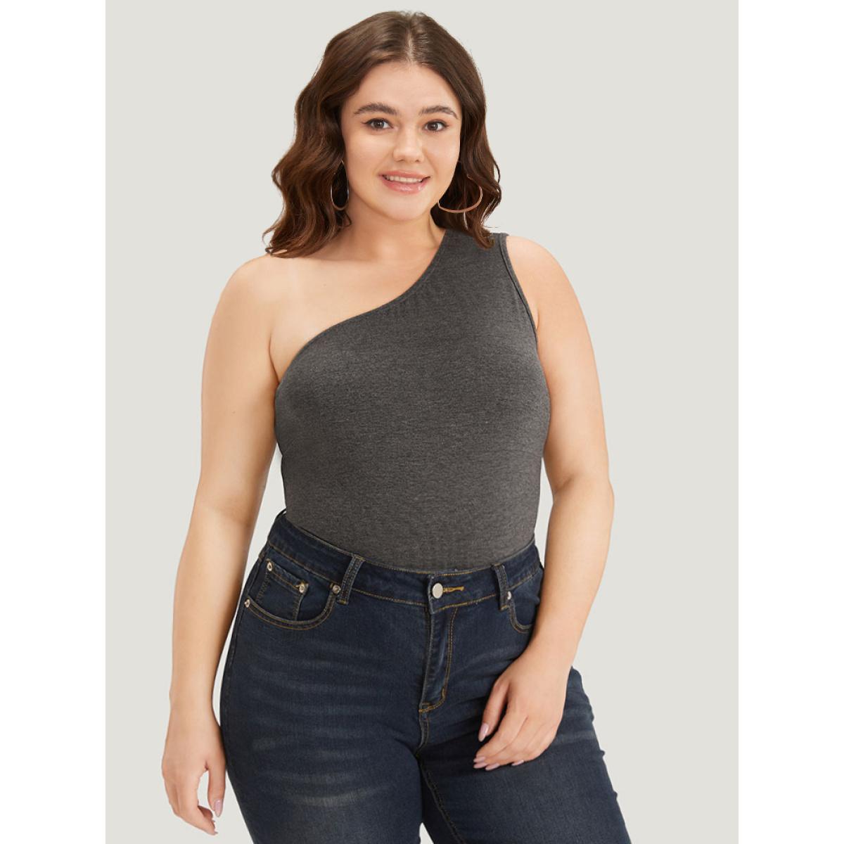 Plus Size Plain One Shoulder Slightly Stretchy Bodysuit Women DimGray Plain Plain Bodysuits BloomChic 30/6X Product Image