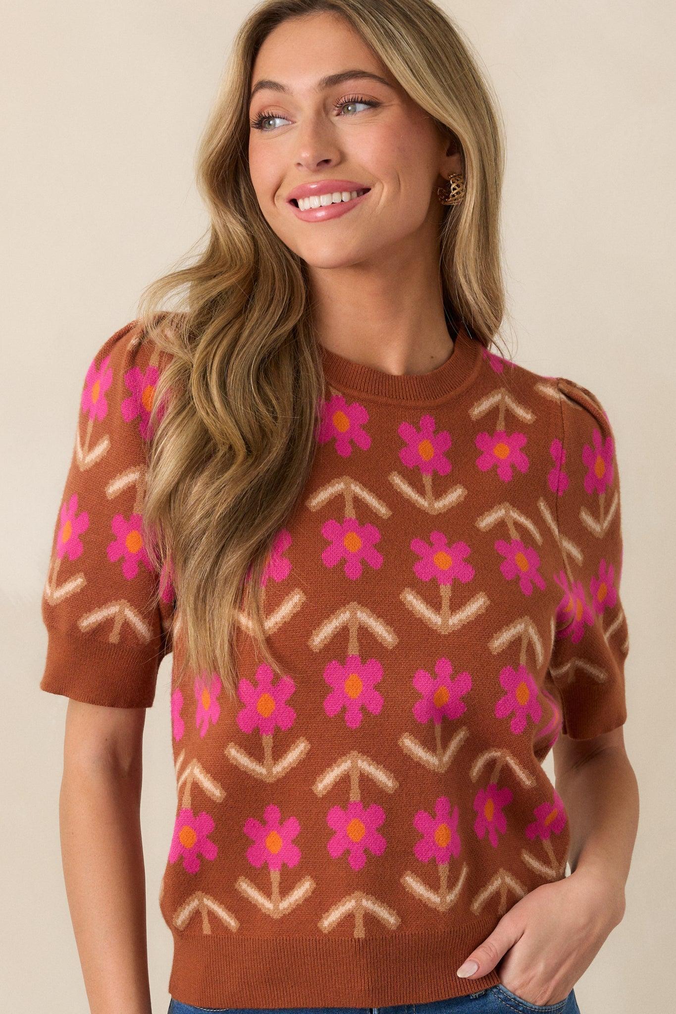 Blooming Breezes Cinnamon Floral Short Sleeve Sweater Product Image