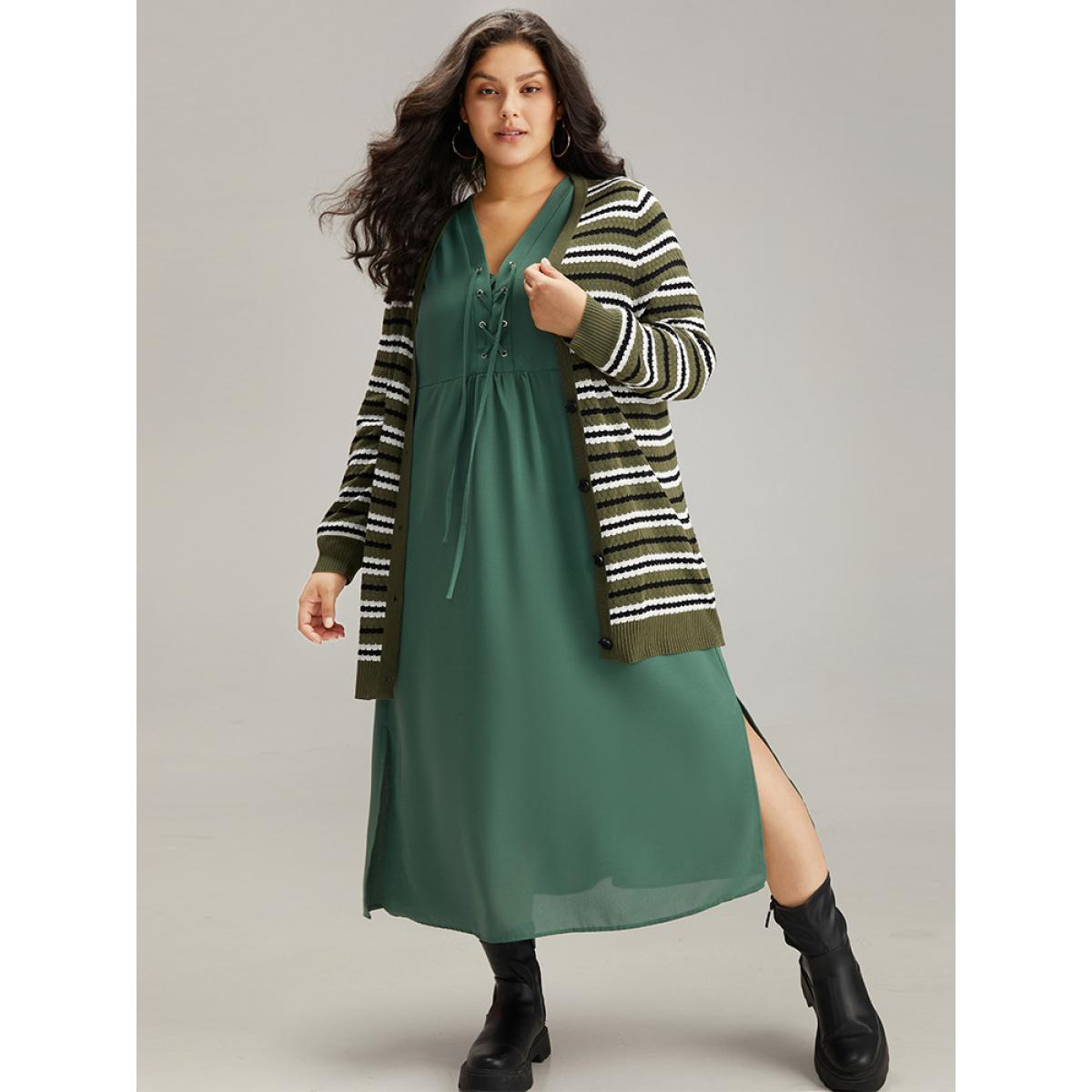 Plus Size Plain Lace Up Split Hem Lantern Sleeve Dress Mint Women Casual Elastic cuffs Tie Neck Long Sleeve Curvy Midi Dress BloomChic 26/4X Product Image