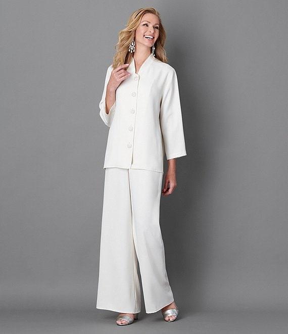 Caroline Rose Matte Crepe Mandarin Collar 3/4 Sleeve Black Rhinestone Button Jacket Product Image