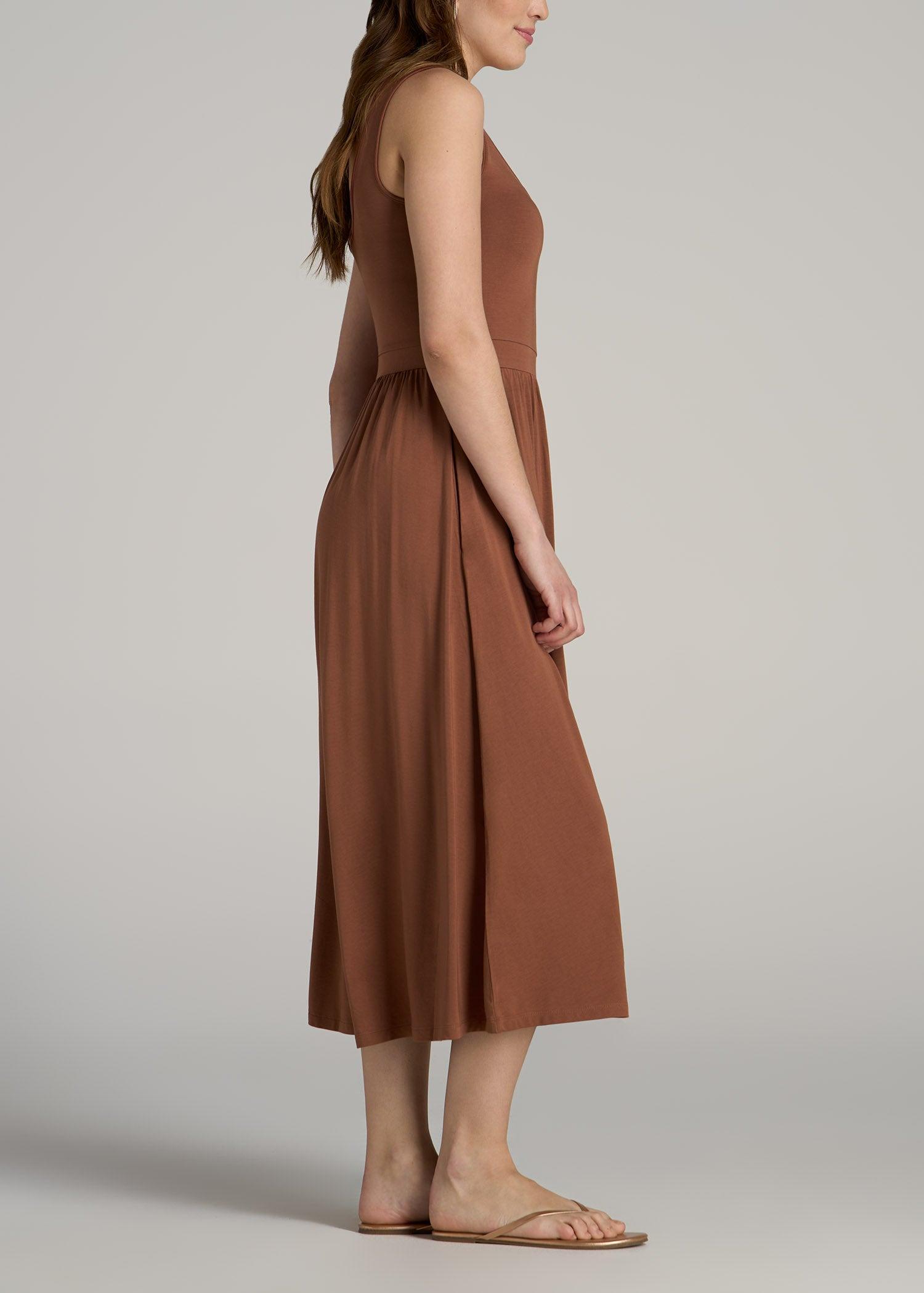 Jersey Tank Dress with Pockets for Tall Women in Clay Brown Product Image