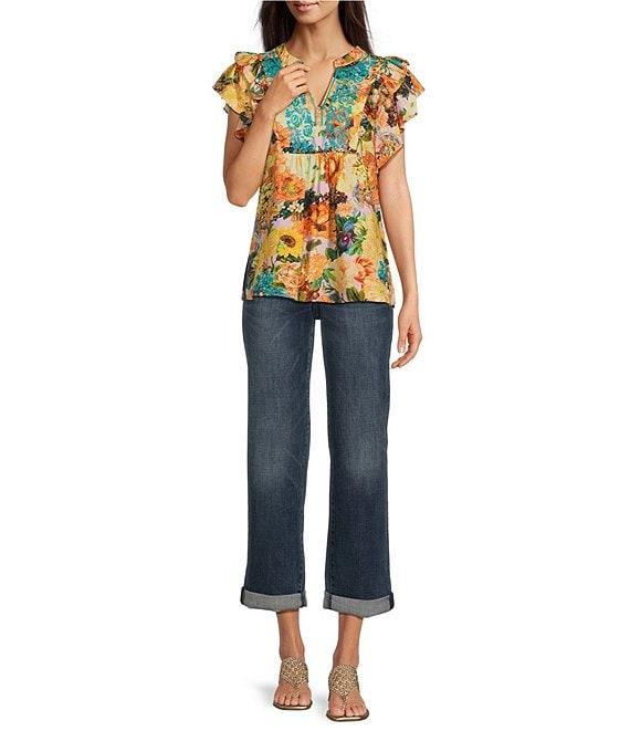 Calessa Embroidered Vintage Floral Print Split V-Neck Ruffled Cap Sleeve Tunic Product Image