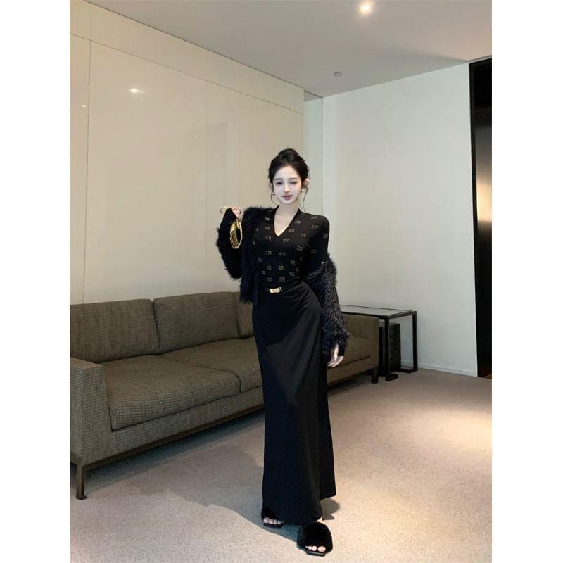 Long-Sleeve V-Neck Rhinestone Top / High Rise Midi Mermaid Skirt / Fluffy Jacket / Belt Product Image