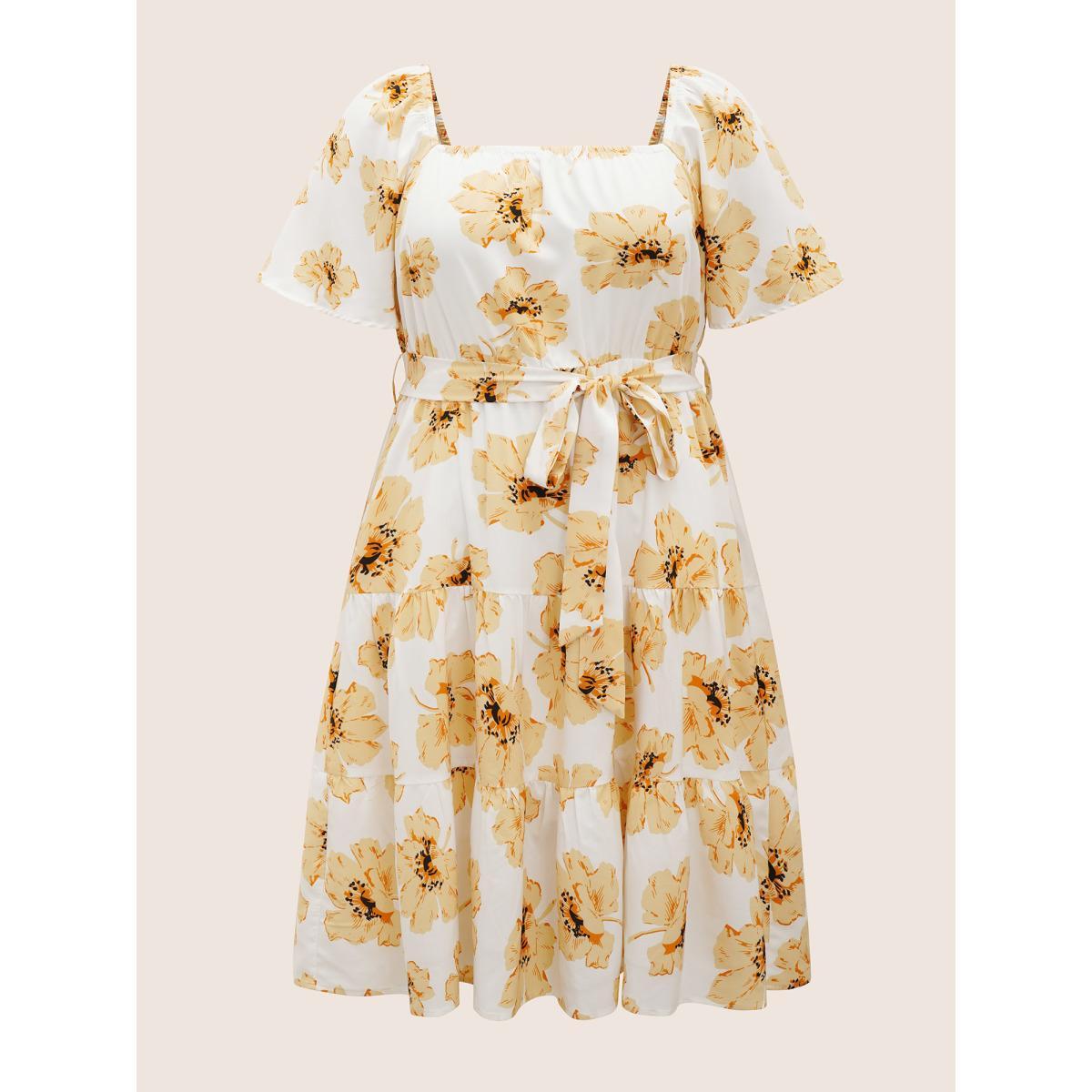 Plus Size Square Neck Floral Raglan Sleeve Belted Dress Yellow Women Elegant Belted Square Neck Short sleeve Curvy BloomChic 12/L Product Image