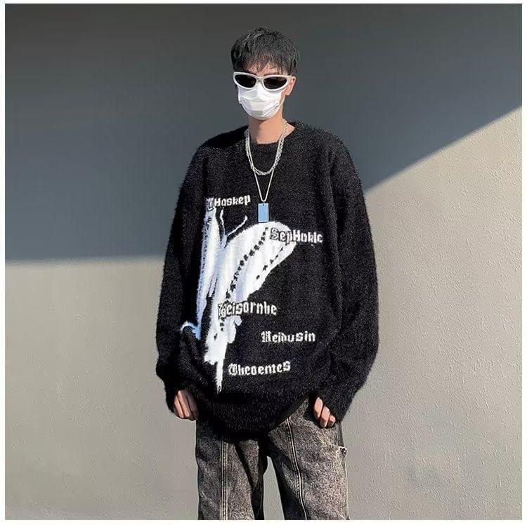 Long-Sleeve Butterfly  Print Lettering Sweater Product Image