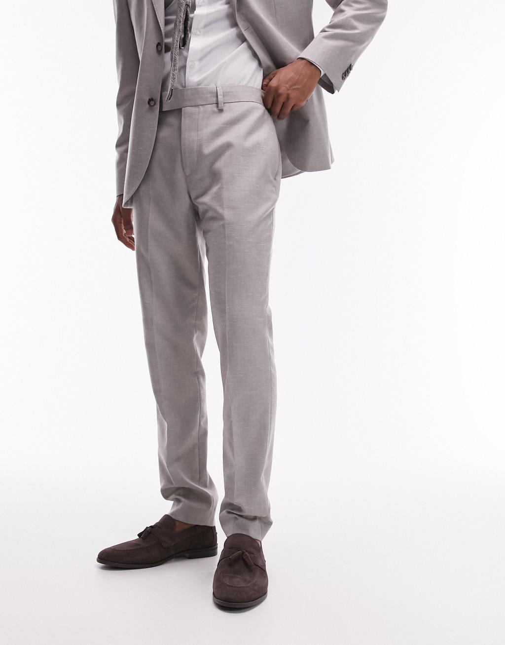 Topman slim linen blend suit pants in stone Product Image