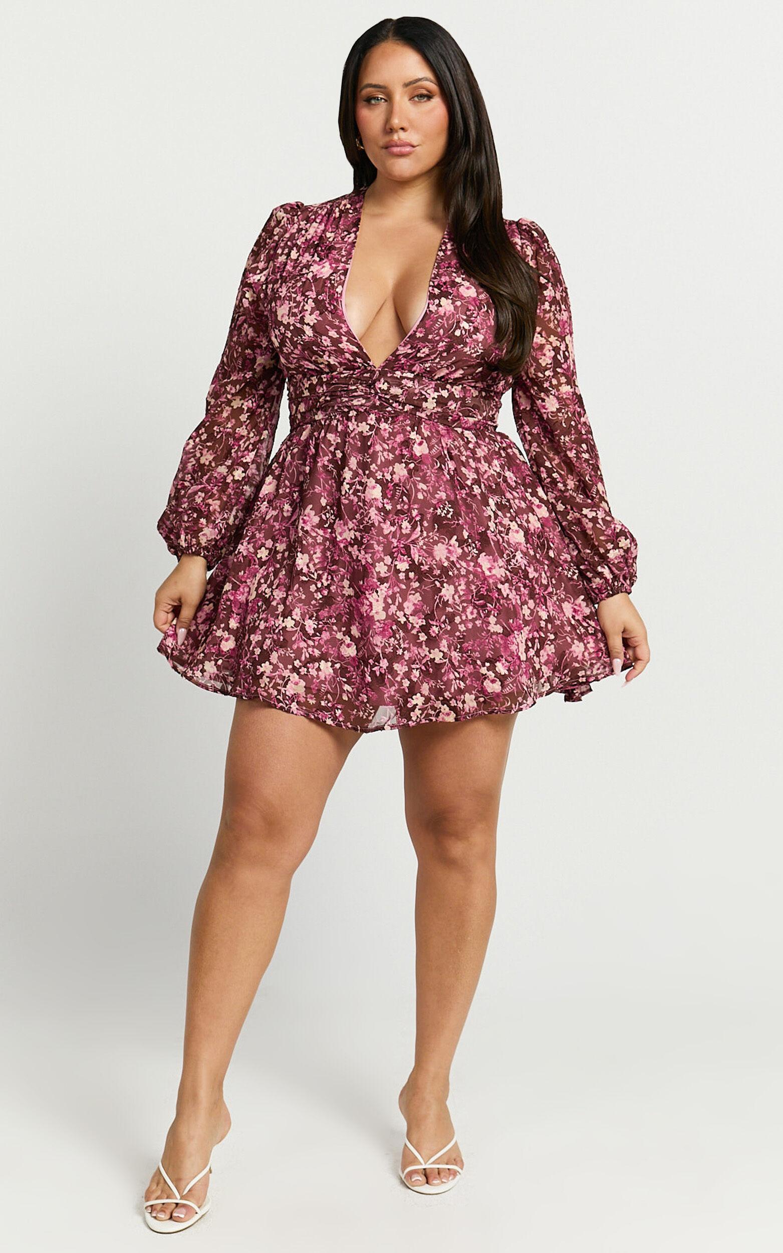 Eleanor Mini Dress - Plunge Twist Front Jacquard Dress in Wine Floral Product Image