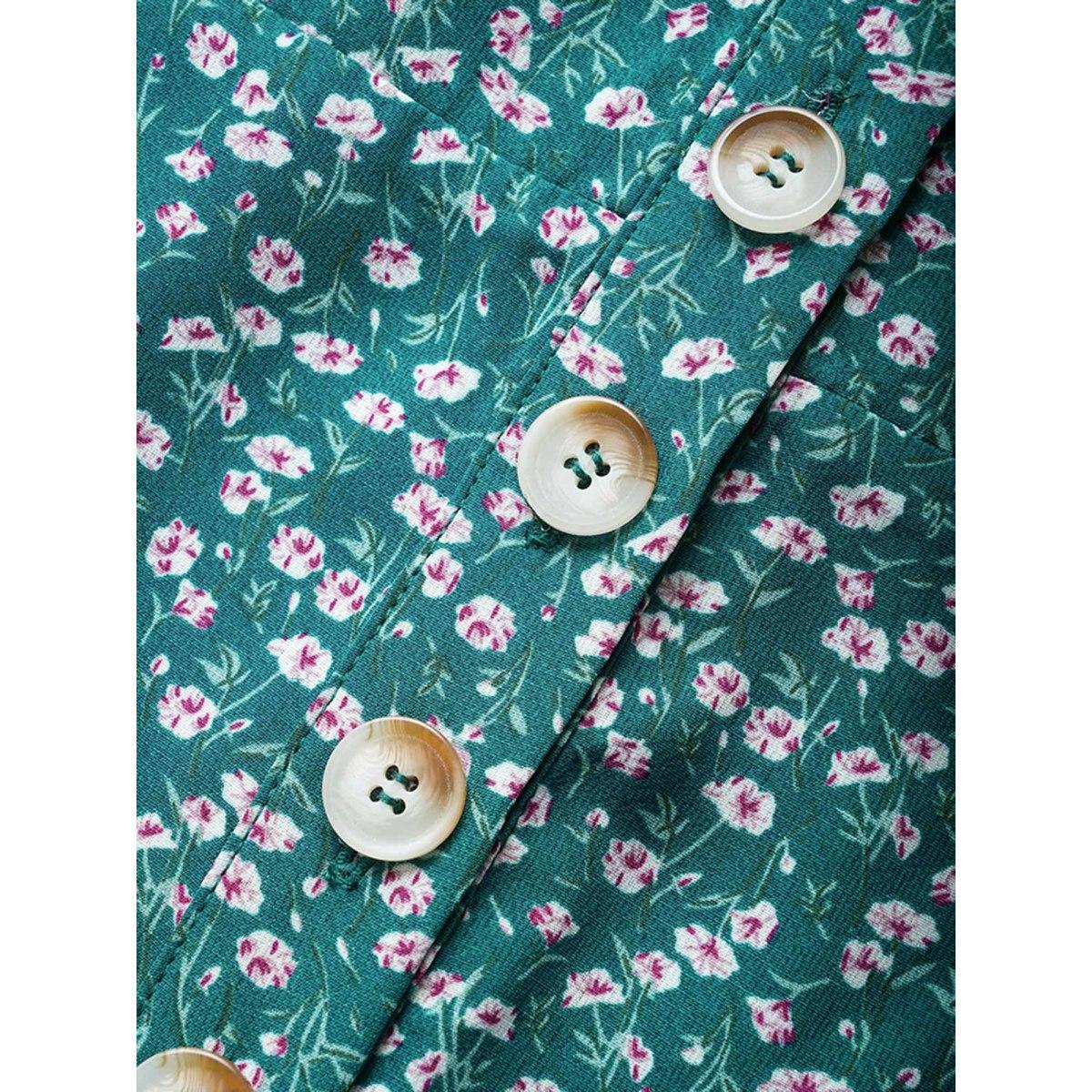 Plus Size DarkGreen Ditsy Floral Button Detail Square Neck Jumpsuit Women Elegant Short sleeve Square Neck Everyday Loose Jumpsuits BloomChic 22-24/3X Product Image