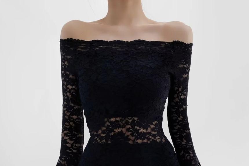 Flare-Sleeve Off Shoulder Lace Mini Bodycon Dress Product Image