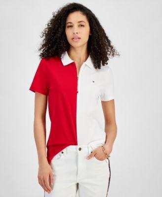 Tommy Hilfiger Short Sleeve Color-Block Zip Polo (Bright White/Sky Captain) Women's Clothing Product Image