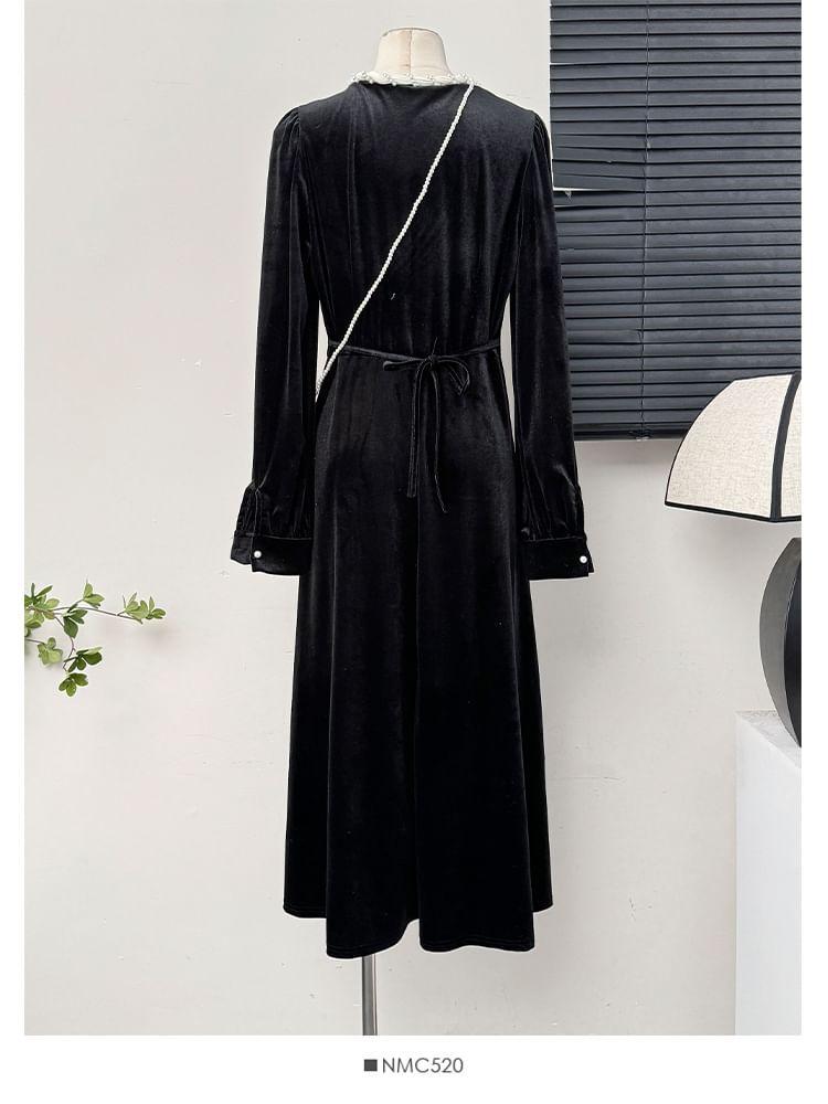 Tie-Neckline Velvet A-Line Dress with Sash Product Image