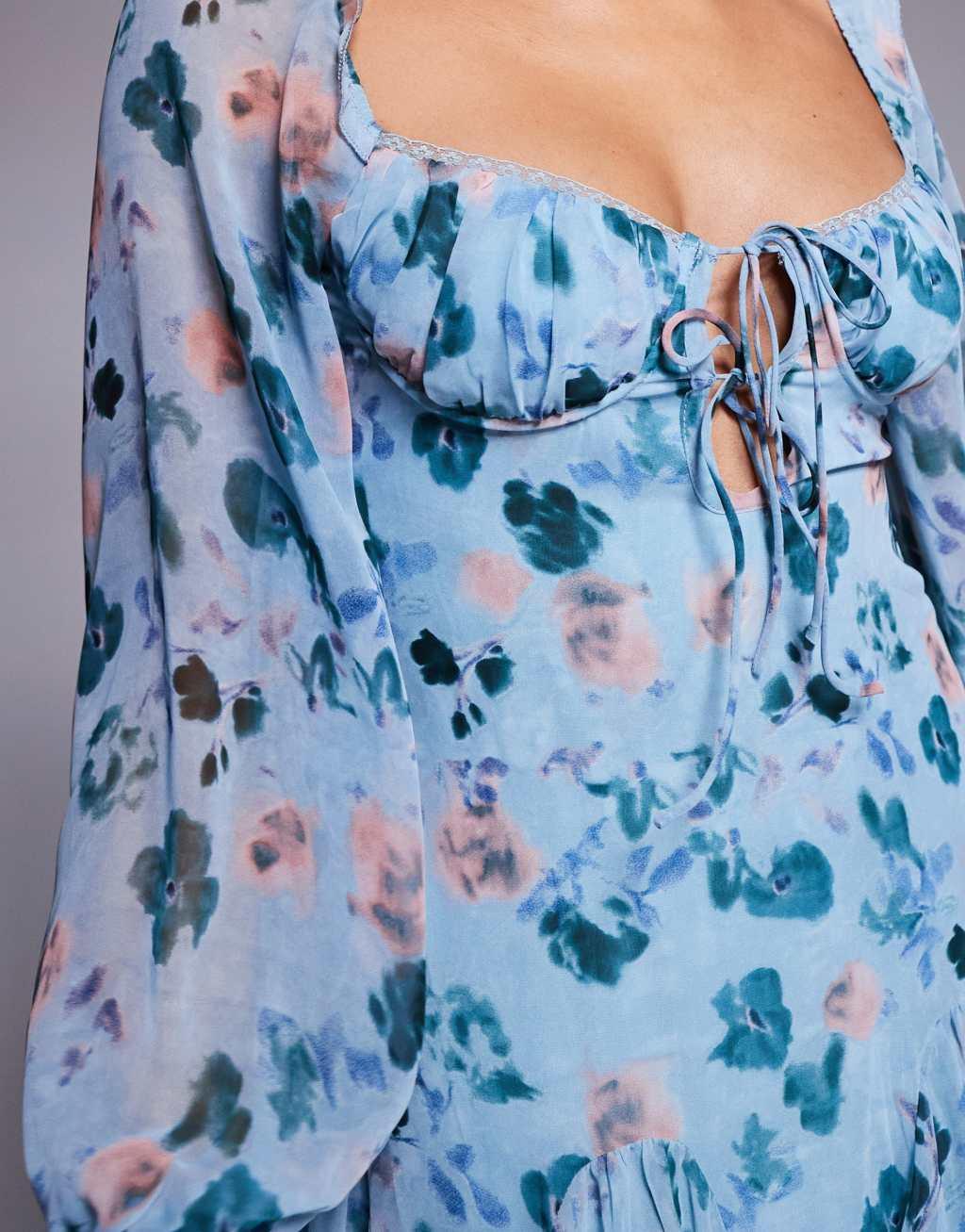 Love Triangle milkmaid mini dress with tie detail in blue floral Product Image