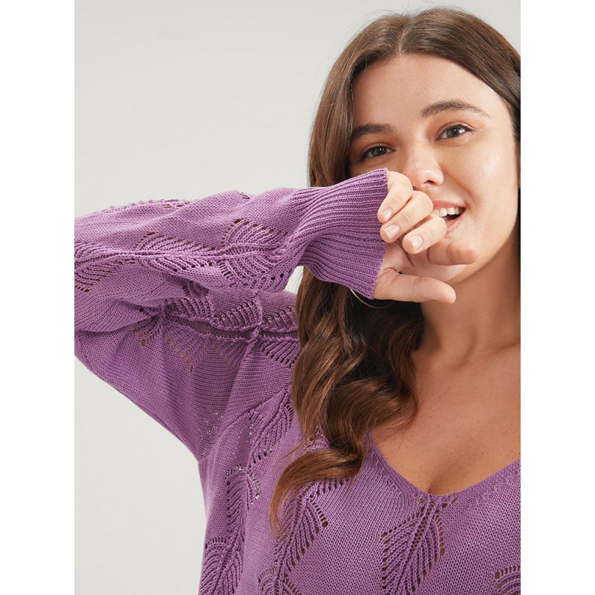 Plus Size Solid Pointelle Knit Deep V Neck Crochet Sweater RedViolet Women Elegant Long Sleeve Deep V-neck Dailywear Pullovers BloomChic 26/4X Product Image