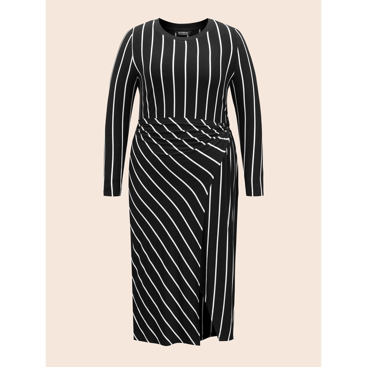 Plus Size Striped Twist Front Split Hem Dress Black Women Elegant Twist Round Neck Long Sleeve Curvy BloomChic 30/6X Product Image