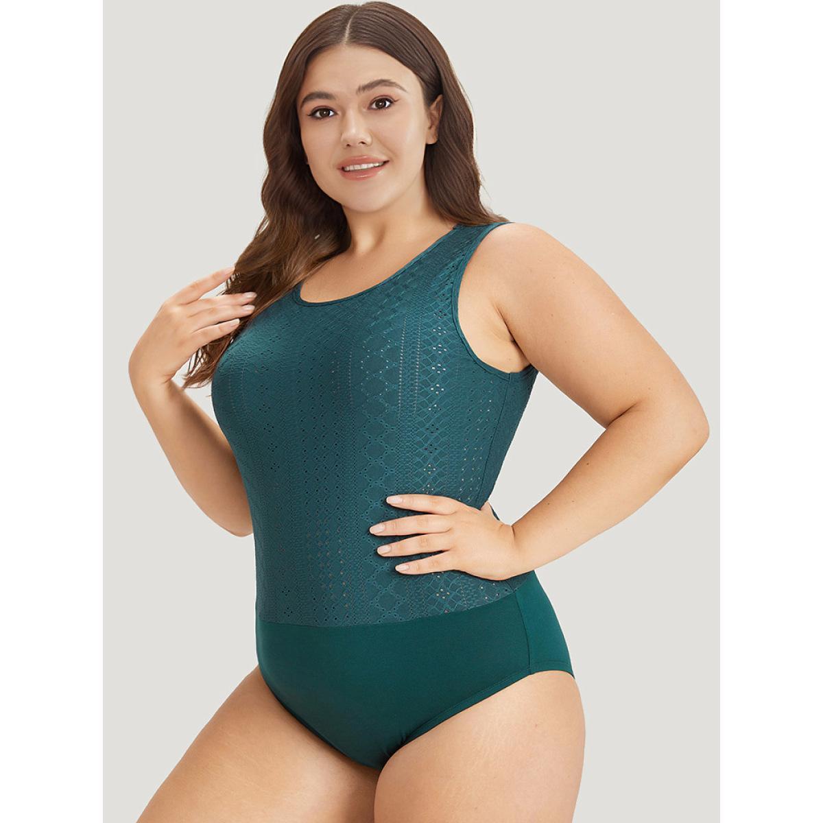 Plus Size Plain Patchwork Broderie Anglaise Tank Bodysuit Women Cyan Plain Broderie anglaise Bodysuits BloomChic 10/M Product Image