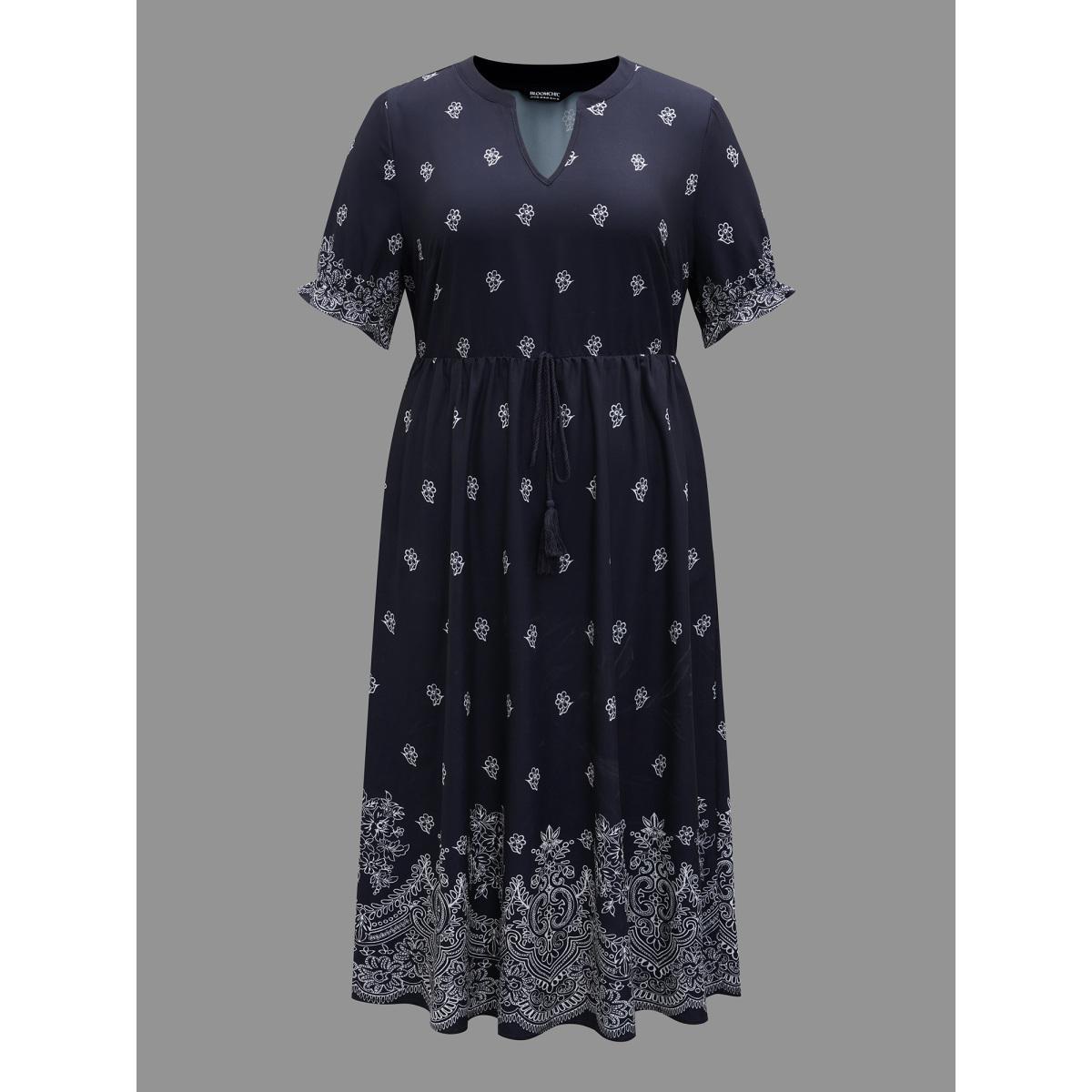 Plus Size Floral Waist-Tie Notched Collar Midi Dress Indigo Women Resort Ruffles Notched collar Half Sleeve Curvy BloomChic 12/L Product Image