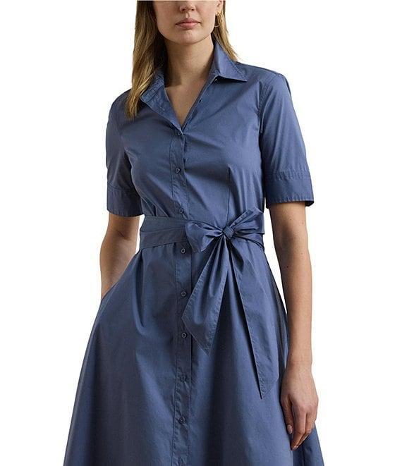 Lauren Ralph Lauren Stretch Cotton Blend Point Collar Elbow Length Sleeve Button Front Shirt Dress Product Image