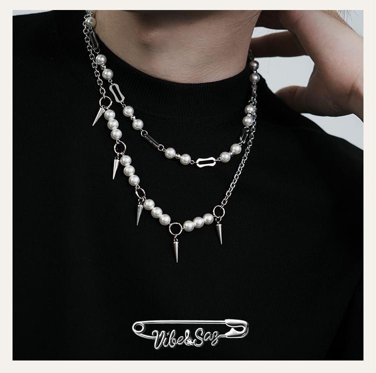 Faux Pearl Necklace / Spike Fringed Necklace Product Image