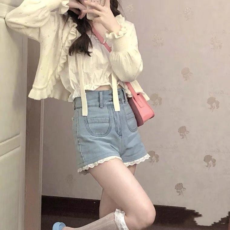 High Waist Washed Ruffle Panel Denim Shorts Product Image