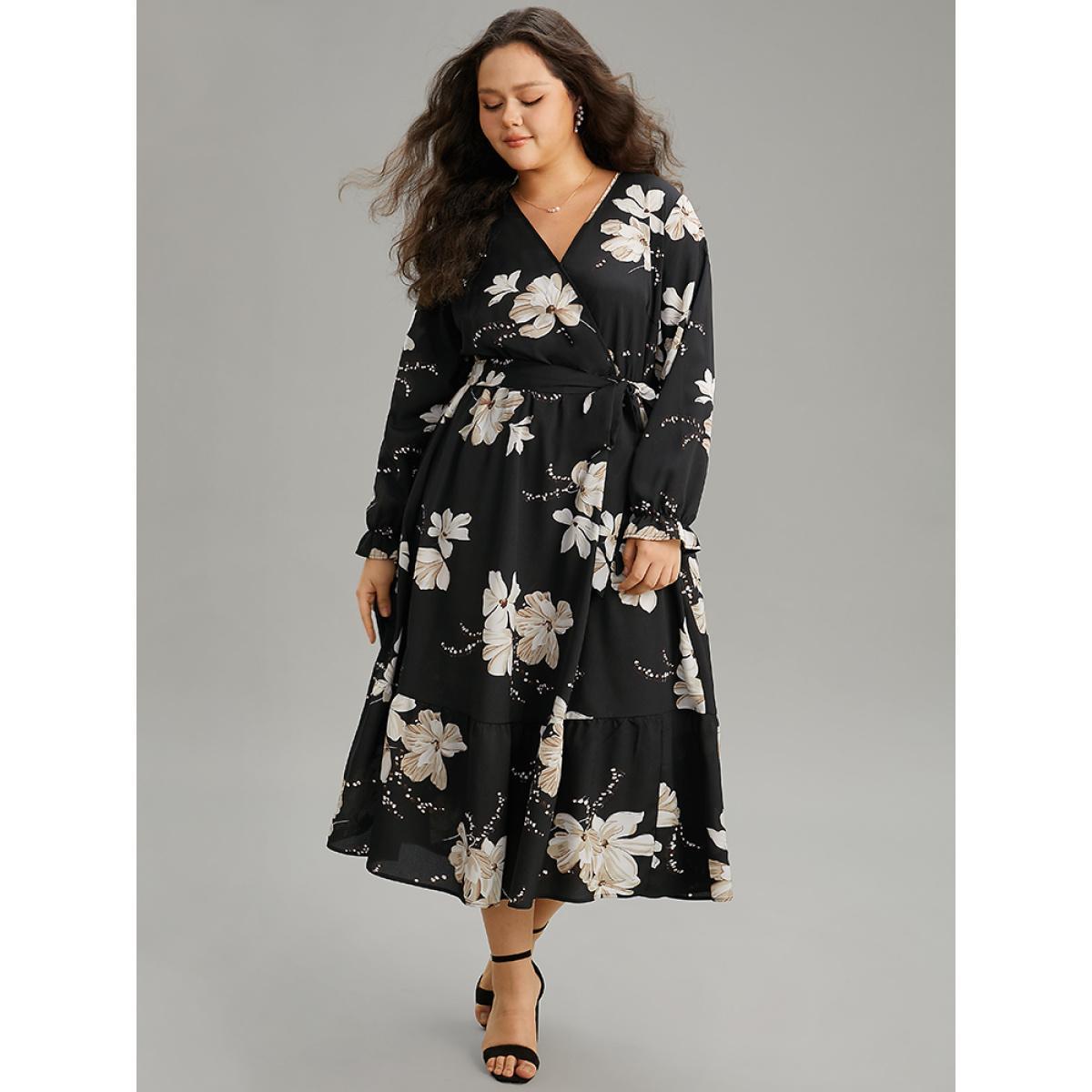 Plus Size Floral Print Flutter Sleeve Belted Surplice Neck Dress Black Women Elegant Wrap Overlap Collar Long Sleeve Curvy Midi Dress BloomChic 26/4X Product Image