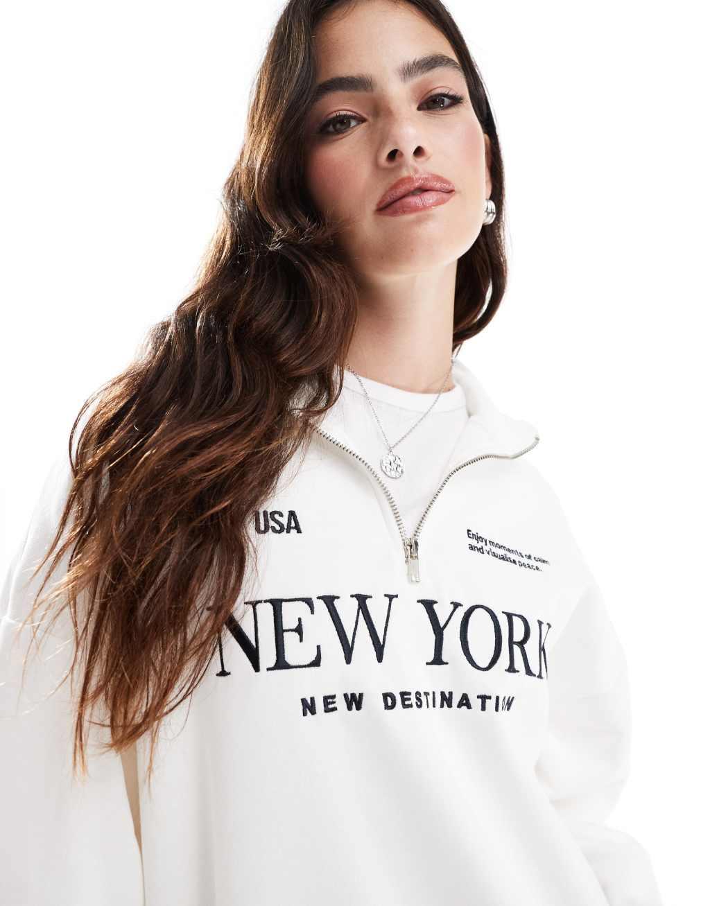 Stradivarius New York slogan quarter zip sweatshirt in ecru Product Image