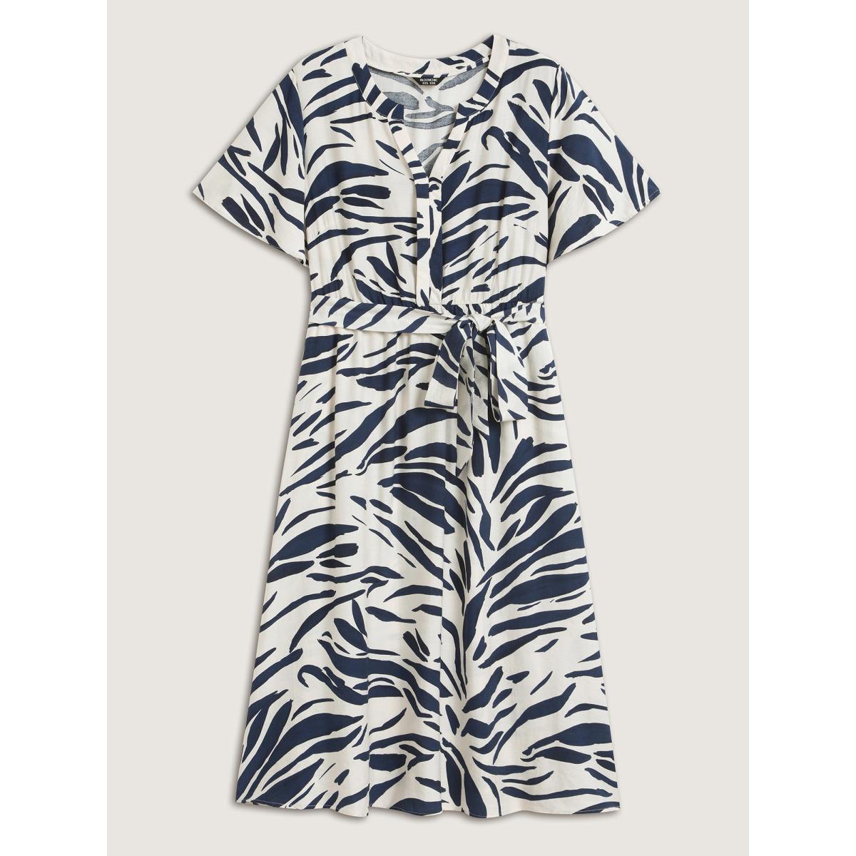 Plus Size Abstract Print Belted Pockets Midi Dress Ivory Women Belted Notched collar Short sleeve Curvy BloomChic 30/6X Product Image