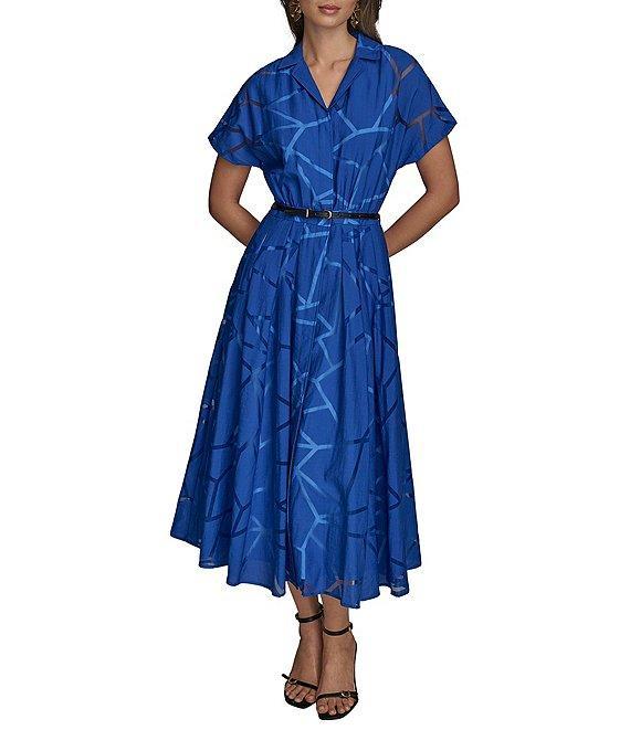 Donna Karan Burnout Notch Collar Short Sleeve Belted Button Front Midi Dress Product Image