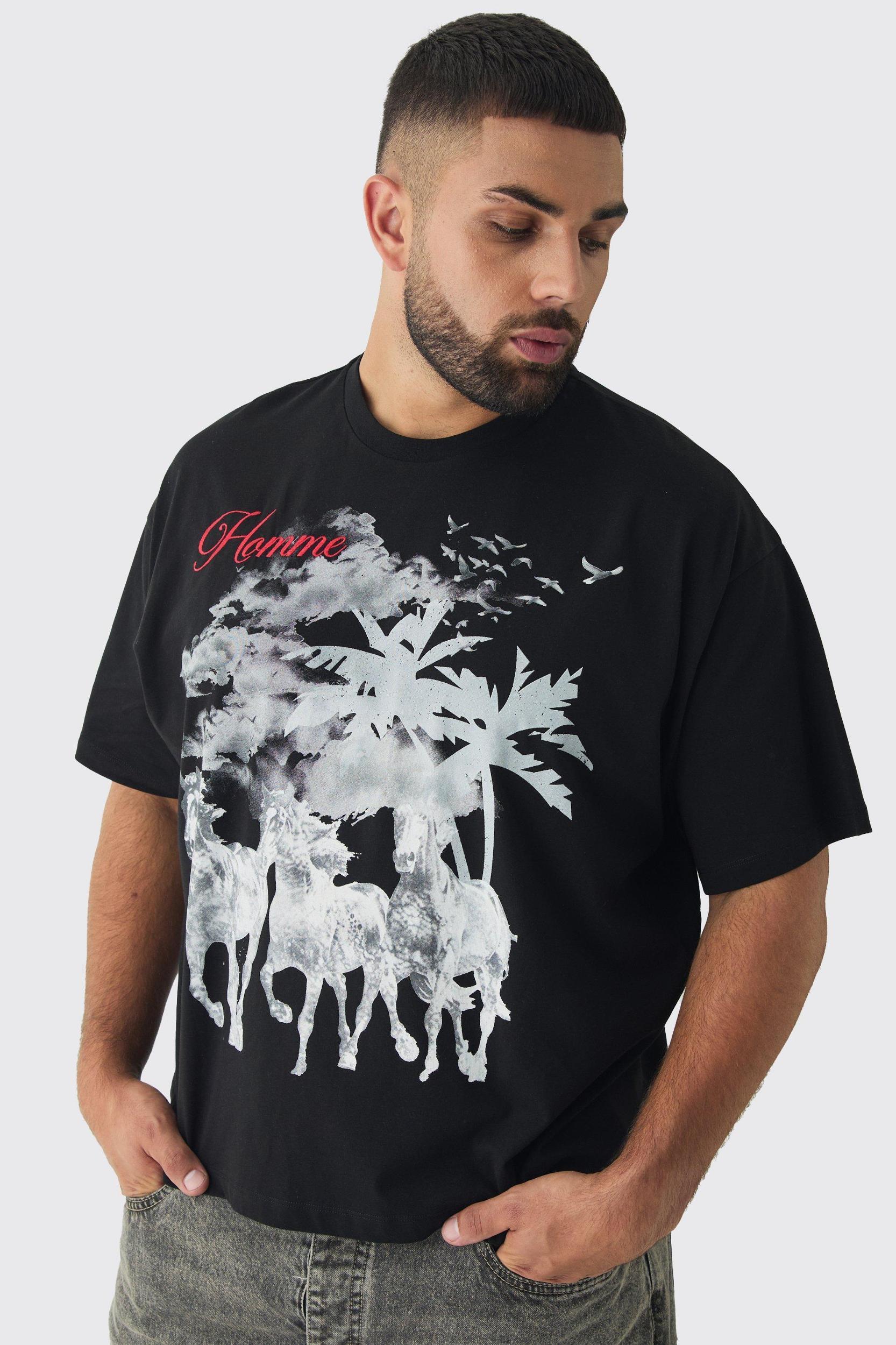 Mens Grey Plus Oversized Boxy Western Horse T-Shirt, Grey Product Image