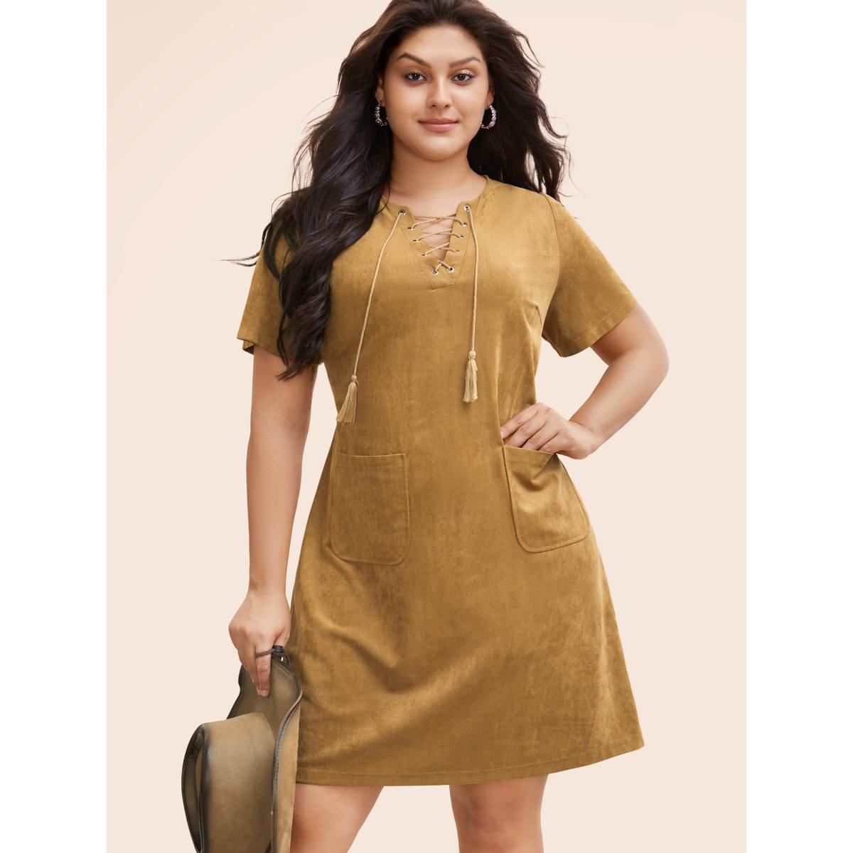 Plus Size Suede Stretchy Back-Waist Midi Dress Wheat Women Resort Eyelet Round Neck Short sleeve Curvy BloomChic 12/L Product Image
