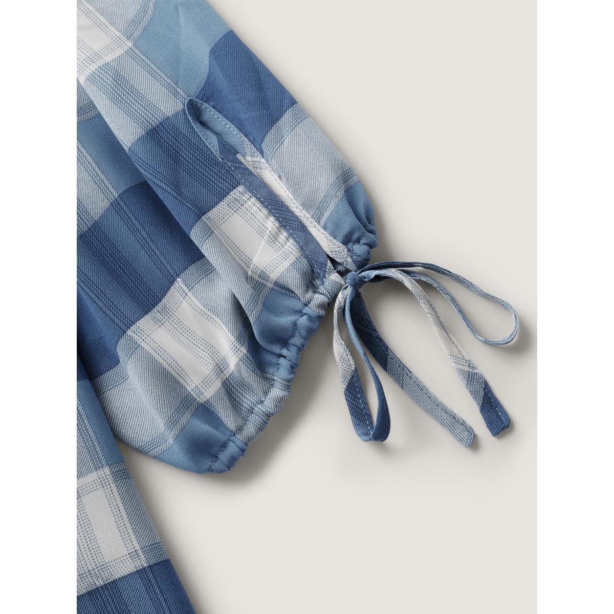 Plus Size Mediumblue Plaid Print Notched Collar Blouse Women Elbow-length sleeve Flat collar with V-notch Everyday-Casual Blouses BloomChic 28/5X Product Image