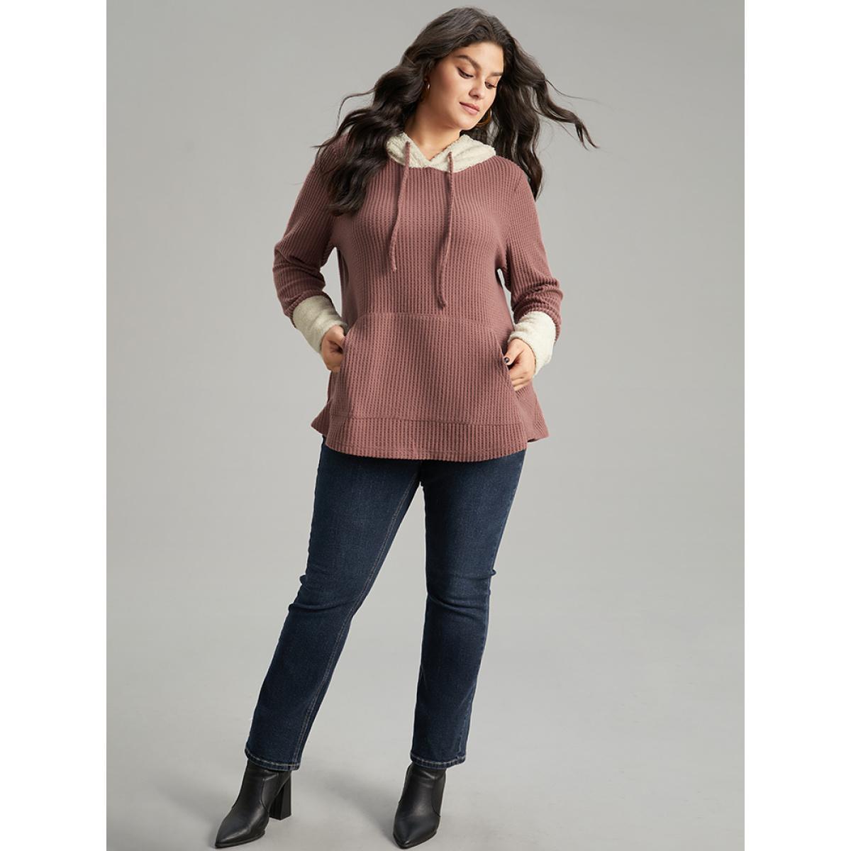 Plus Size Waffle Knit Pocket Hooded Patchwork Sweatshirt Women DustyPink Casual Waffle Knit Hooded Everyday Sweatshirts BloomChic 22-24/3X Product Image