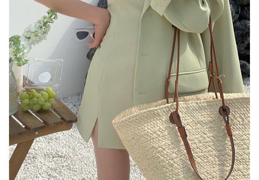 Notch Lapel Plain Single Breasted Blazer / Spaghetti Strap Square Neck Plain Slit Mini A-Line Dress Product Image