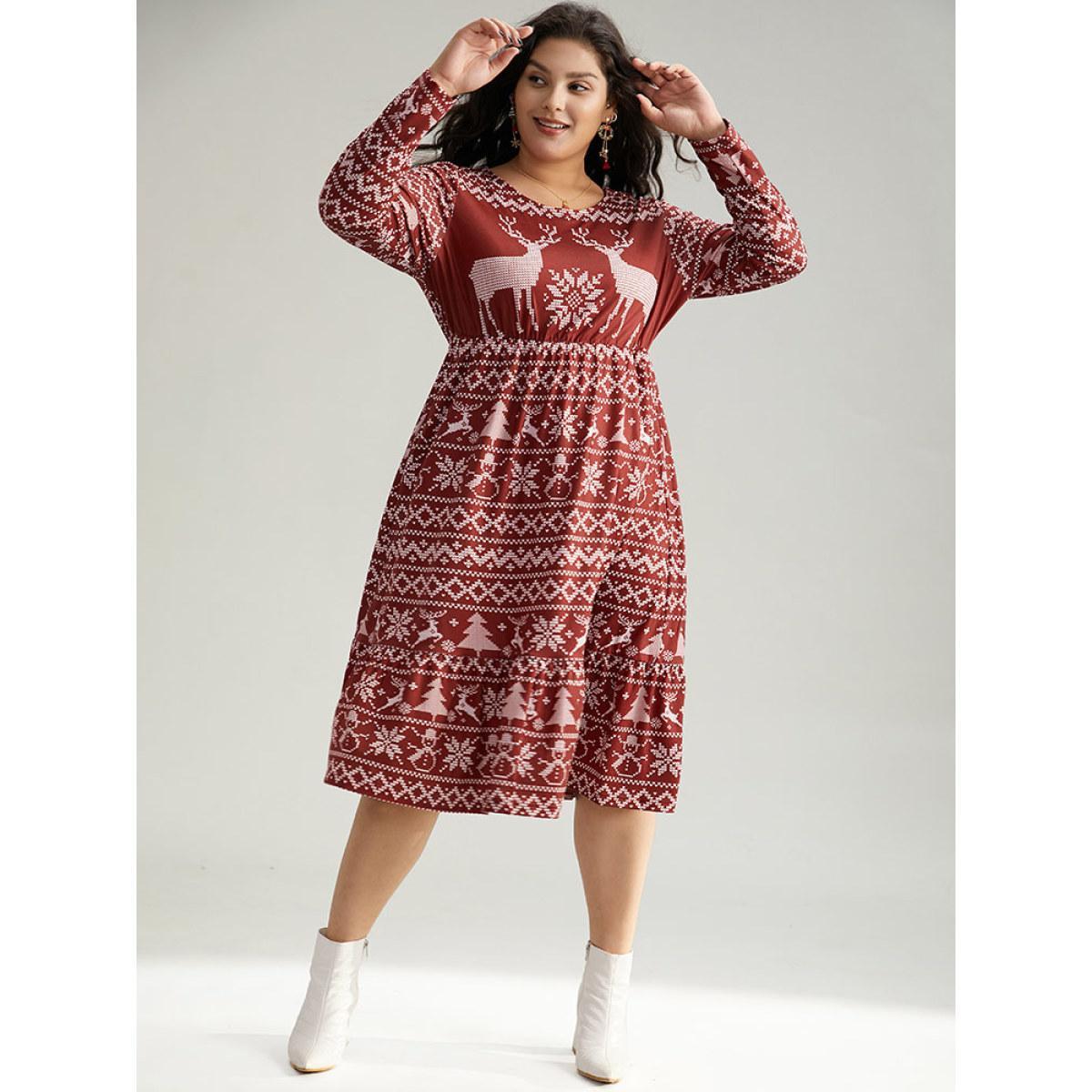 Plus Size Christmas Elk Gathered Ruffle Layered Hem Dress Scarlet Women Casual Printed Round Neck Long Sleeve Curvy Midi Dress BloomChic 10/M Product Image