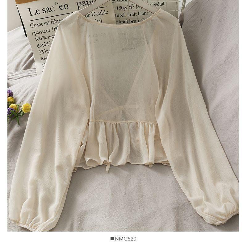 Tie-Waist Balloon-Sleeve Chiffon Cardigan Product Image