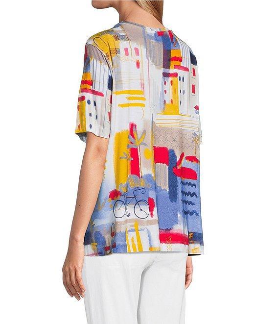 Multiples Embellished Printed Scoop Neck Short Sleeve Fitted Knit Top Product Image