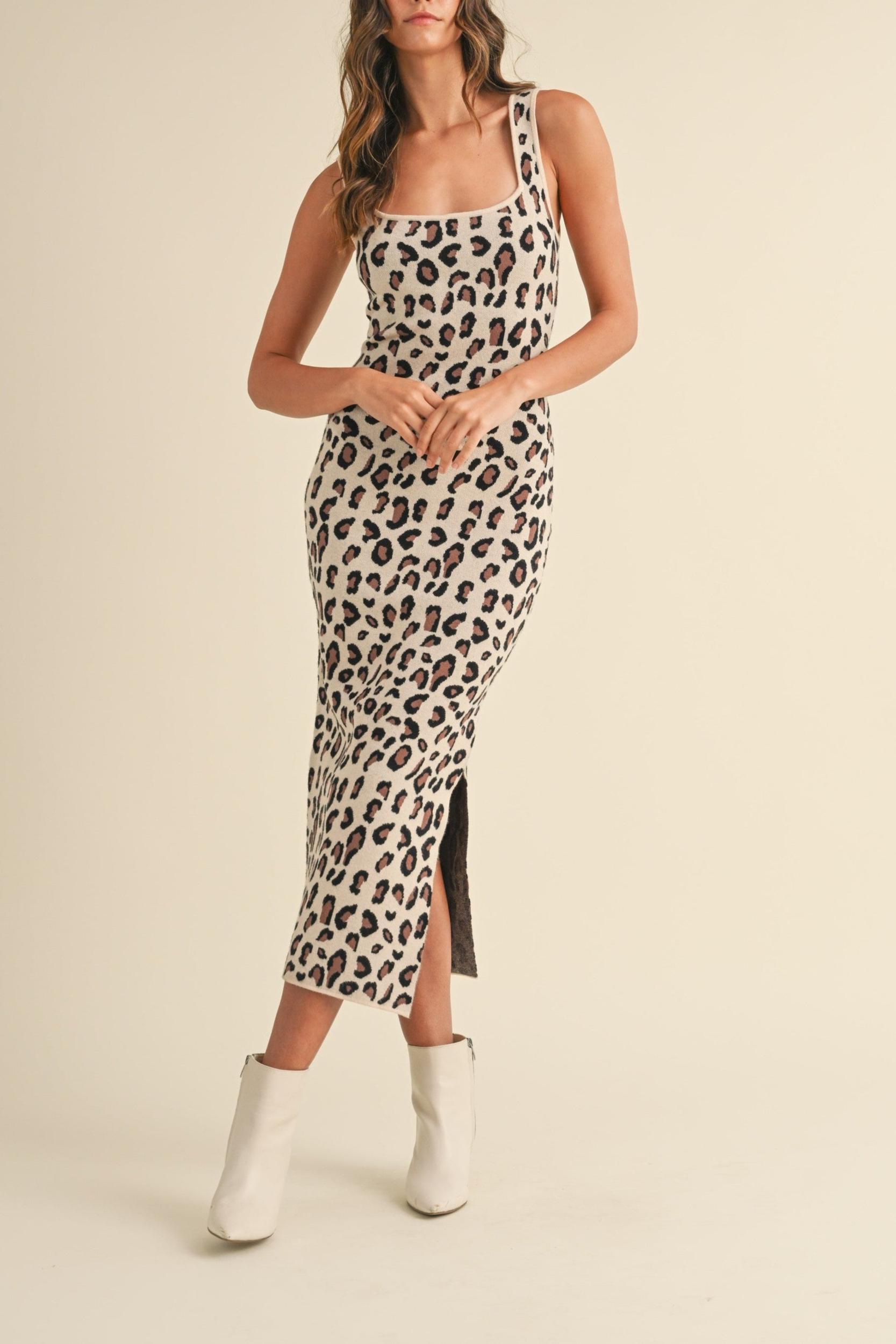Leopard Sweater Knit Bodycon Midi Dress Product Image