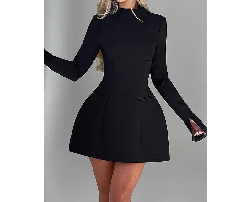 Long Sleeve Mock Neck Plain A-Line Mini Dress Product Image