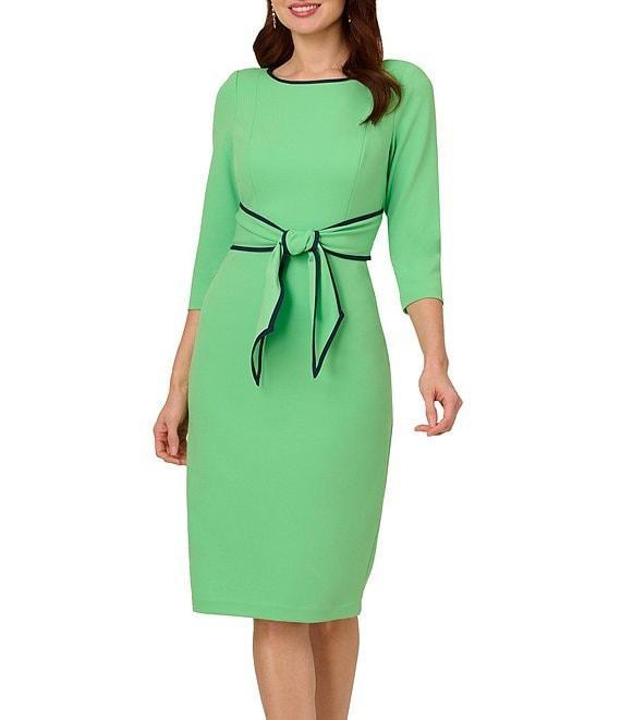 Adrianna Papell Contrasting Trim Boat Neck 3/4 Sleeve Tie Waist Crepe Sheath Dress Product Image