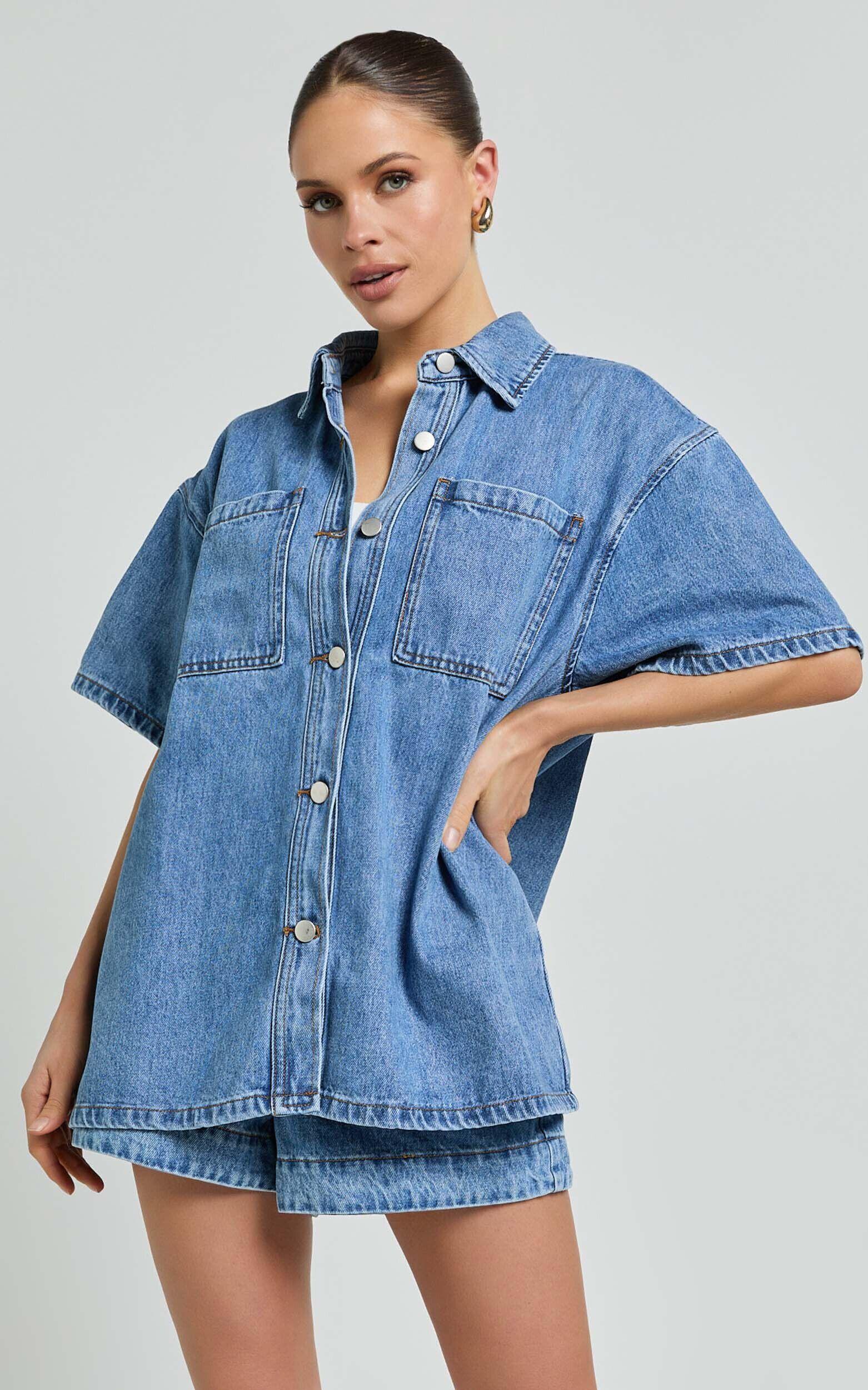 Rhianna Top - Oversized Recycled Denim Short Sleeve Shirt in Mid Blue Wash Product Image