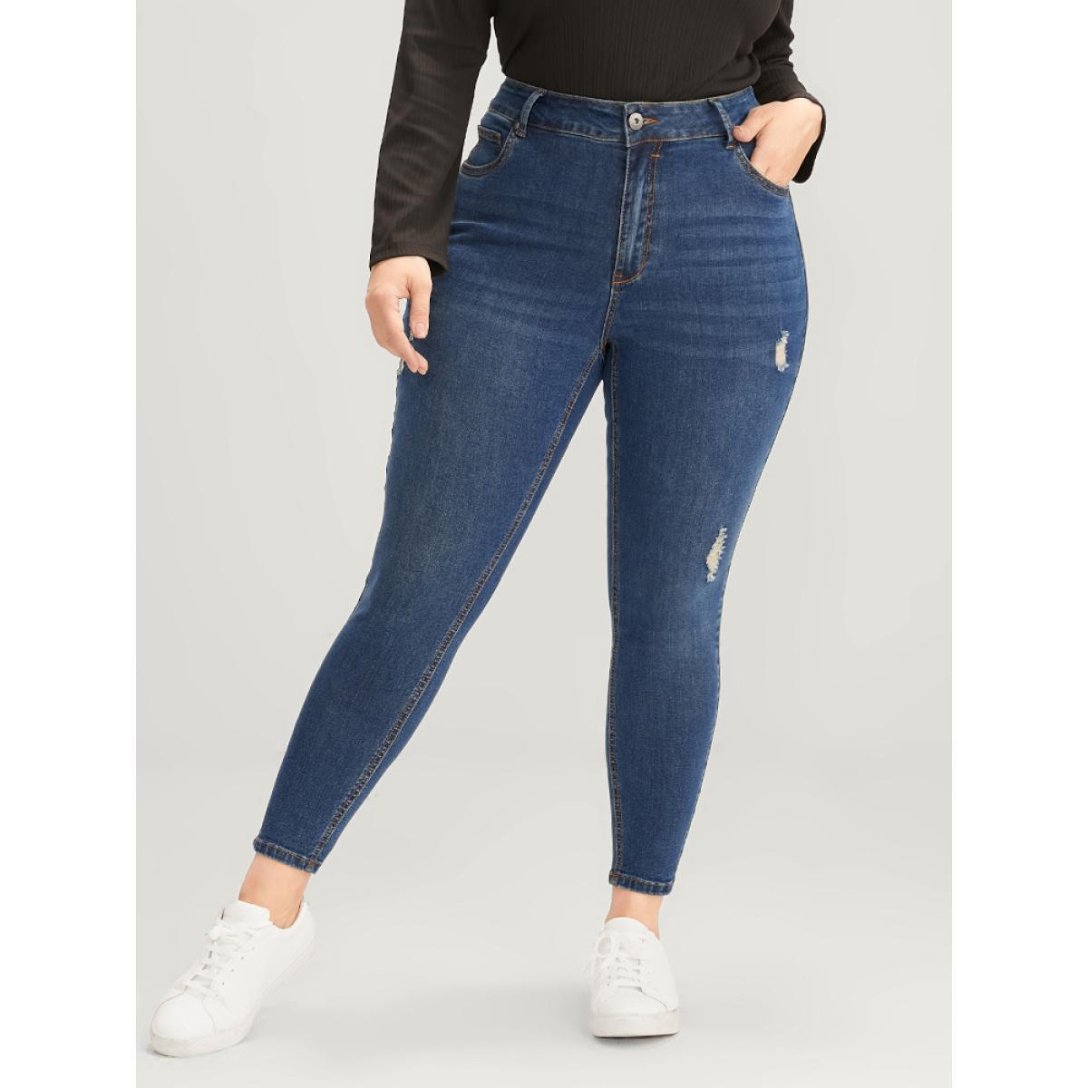 Plus Size Skinny Moderately Stretchy High Rise Dark Wash Distressed Ankle Jeans Women Indigo Casual Plain Zipper Medium stretch Pocket Jeans BloomChic 18/2X Product Image