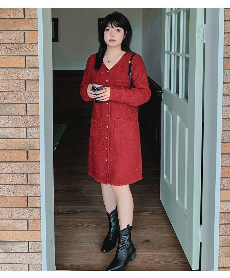 Long Sleeve V-Neck Plain Glitter Button Knit Midi A-Line Dress Product Image