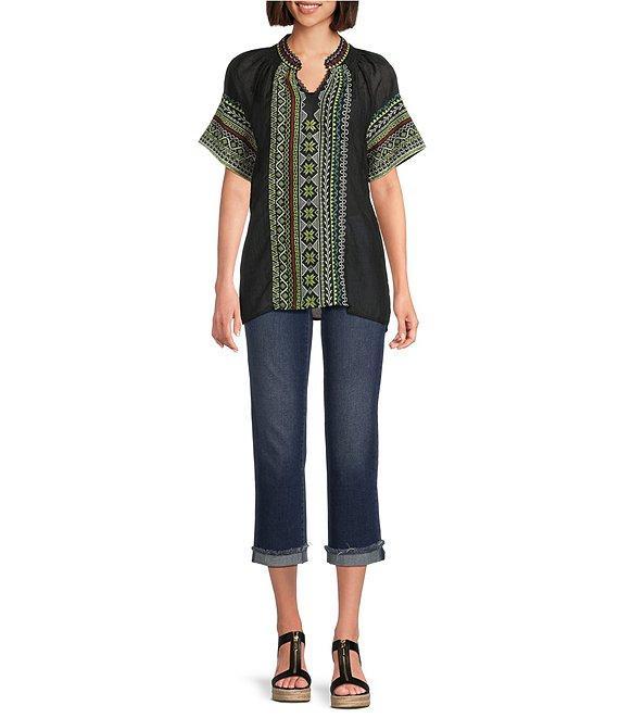 Calessa Embroidered Split V-Neck Short Sleeve Tunic Product Image